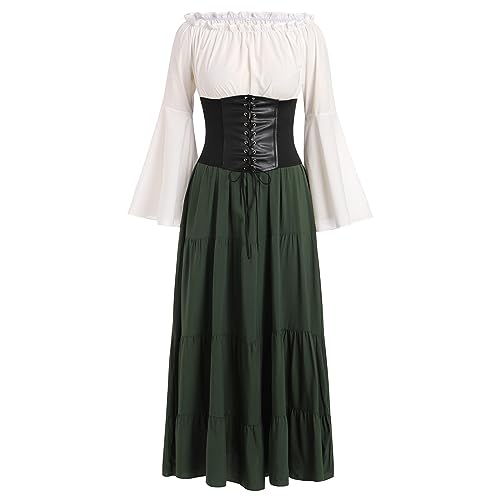Damen Mittelalter Kleid Gothic Retro Trompeten?rmel Partykleid Renaissance Cosplay Mittelalterliches Kost?m Viktorianischen K?nigin Kleid Langes Abendkleid Maxikleid f?r Halloween Karneval Gr?n M